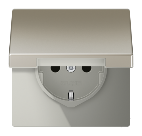 Розетка JUNG LS METAL, скрытый монтаж, с заземлением, с крышкой, стальной